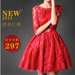 2013秋装新款 欧美时尚 红色蕾丝蓬蓬裙中袖七分袖婚礼服裙连衣裙