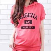 夏大码女装MG7096韩版字母印花连帽t恤袋鼠兜休闲短袖运动服上衣