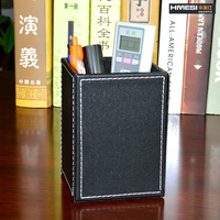 时尚皮质方形笔筒 韩国桌面收纳 创意多功能笔座 黑色商务用品