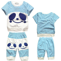 品牌婴儿童0-1-2-3-4-5岁夏装宝宝短袖中裤男童女童条纹熊猫套装