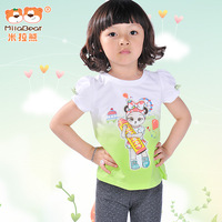 米拉熊童装 2015新款 韩版女童夏装女小童 泡泡袖T恤短袖 02114