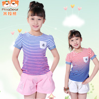 米拉熊童装 2015女童夏装女大童 海军风条纹泡泡袖短袖T恤 022101