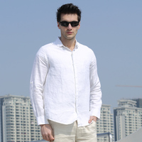 1212新款亚麻男装绅士休闲小圆领水洗衬衫长袖直筒白色衬衣