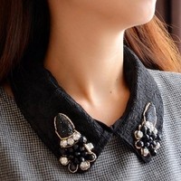 韩国 假领子水钻黑色蕾丝复古衬衫衣领刺绣立领装饰 活动衣领