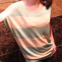 2013宽条纹短袖T恤 镂空小性感粗条纹圆领针织T