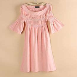 粉色褶皱圆领娃娃棉麻百搭短袖连衣裙春夏季女装2016新款韩版新品