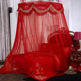 吊挂圆顶公主蚊帐 1.5m1.8m床 双人家用红色加密加厚宫廷圆形床幔