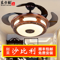 新中式实木隐形吊扇灯具 复古简约客厅卧室餐厅LED遥控电风扇吊灯