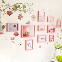 快乐小鸟相框组合创意照片墙 实木相框墙相片墙带墙贴 客厅挂墙