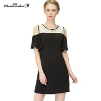 CLEANWATER洁牌女装2015新品黑色蕾丝拼接露肩短袖连衣裙LK5B868