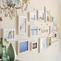 S16框组合照片墙 实木相框相片墙带蝴蝶墙贴 客厅大墙面简约时尚