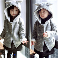 2015冬季新款女童兔子耳朵加厚外套女童呢子大衣女宝宝中长款外套
