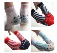 韩版秋冬男女童卡通条纹猫咪 大嘴猴加厚羊绒袜子 中筒袜