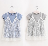 童裙一件代发 韩版女童人造棉蕾丝花边假两件短袖裙 宝宝连衣裙
