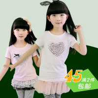2件包邮瑁恩瑁爱童装2015新款夏装女童圆领韩版蕾丝短袖T恤汗衫
