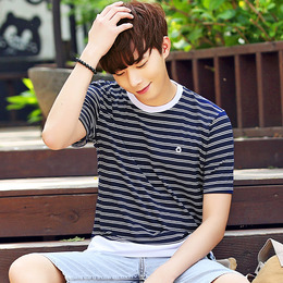 夏季新款男士短袖t恤韩版圆领修身条纹拼接青少年半袖体恤潮男装