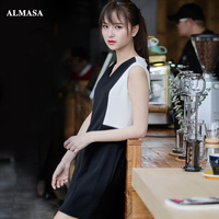 ALMASA V领无袖连衣裙女修身新款夏季黑白色拼接OL风格裙子中长款