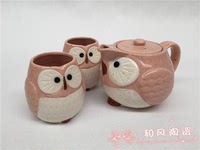包邮1月新品日本进口手工土物吉祥象征猫头鹰一壶两杯礼盒粉色