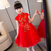 中式儿童礼服裙女童公主裙钢琴演出服花童婚纱蓬蓬裙结婚红色旗袍