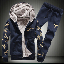 加厚加绒两件套卫衣套装男青少年运动中学生秋冬休闲外套棒球服韩
