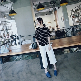 轻奢小香风甜美夏季韩版学生显瘦短袖短款棉黑白条纹t恤女上衣潮