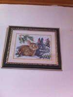 纯手工制作 两只小兔十字绣成品（已表框）客厅卧室小幅装饰壁画