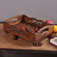 萨瓦迪卡品牌客厅茶几摆件中式古典雕花水果盘供果盘复古实木托盘
