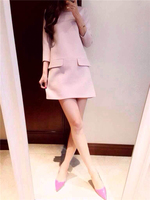 韩国代购2014秋装新款韩版优雅气质时尚七分袖A字型粉色连衣裙女