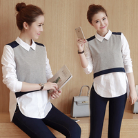 2016秋季新款韩版衬衫女拼接娃娃领上衣修身显瘦衬衣假两件衬衫
