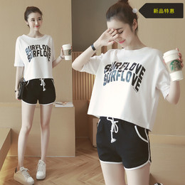 2016年夏季女装韩版t恤短裤字母两件套学生跑步大码休闲运动套装