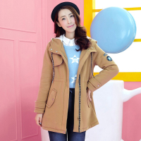 清新学院风少女2015冬装新款韩版中长款中学生装连帽开衫毛呢外套