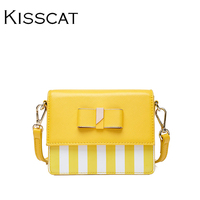 KISSCAT/接吻猫新款蝴蝶结撞色条纹包盖式牛皮斜挎迷你女小包