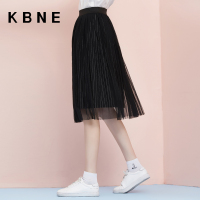 KBNE 2016秋装新款韩版百搭时尚条纹中长款百褶网纱半身裙短裙子