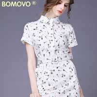 Bomovo2015秋季女装新款欧美大牌POLO领一步裙修身印花连衣裙秋女