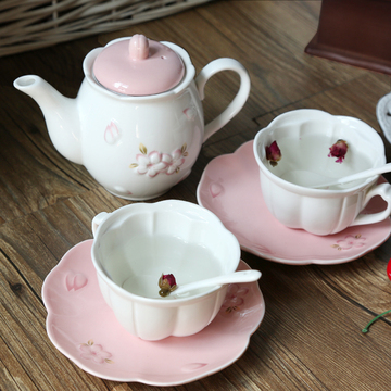 包邮 zakka 浮雕樱花花茶下午茶陶瓷咖啡杯 杯碟套装 陶瓷茶具