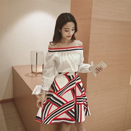 2016秋季新款韩版女装时尚条纹一字肩上衣+半身裙两件套套装