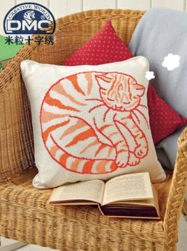 法国DMC十字绣套件手工 卡通靠垫亚麻抱枕 沙发上打瞌睡的懒猫咪
