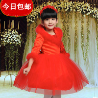QJ♀韩国高档冬女童公主裙红色花童礼服加厚蓬蓬裙女孩礼服裙冬季