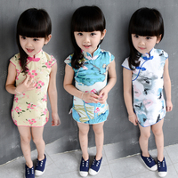 女童2015夏装新款中国风棉麻花朵立领旗袍儿童宝宝短袖裙子连衣裙