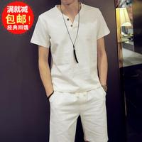 2015夏装新款 亚麻男式短袖T恤套装 韩版复古T恤衫男棉麻休闲套装