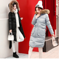 2015冬装新款韩国棉衣女中长款修身加厚大毛领羽绒棉服连帽貉子毛
