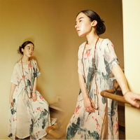 包邮猫迷森林9003森女中国水墨荷花印花天丝棉开叉假两件连衣裙袍