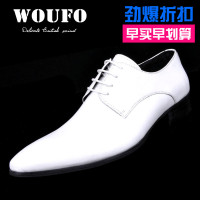 WOUFO英伦韩版新款宴会爆款潮流尖头系带白色男士低帮真牛皮鞋
