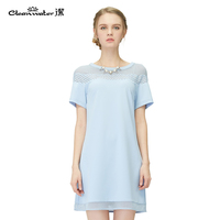 CLEANWATER洁牌新品夏装甜美圆领网眼蕾丝纯色短袖连衣裙LK5B869