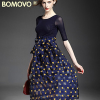 Bomovo2015欧洲站秋季新品两件套印花中长款连衣裙欧美复古秋装女