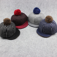 秋冬新款韩版儿童帽子毛呢帽男女童棒球帽带球条纹保暖小孩鸭舌帽