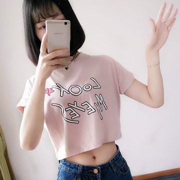 韩国夏季可爱白色宽松短款高腰露脐短袖T恤学生运动女装上衣