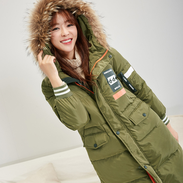 2016冬装新款貉子毛羽绒服女中长款韩版休闲个性军工装军绿色外套