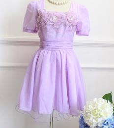 夏季新款韩版女装 紫色绣花欧根纱仙修身短袖雪纺连衣裙