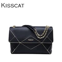 KISSCAT/接吻猫2015秋季新款几何拼接包盖式头层牛皮手提链条女包
